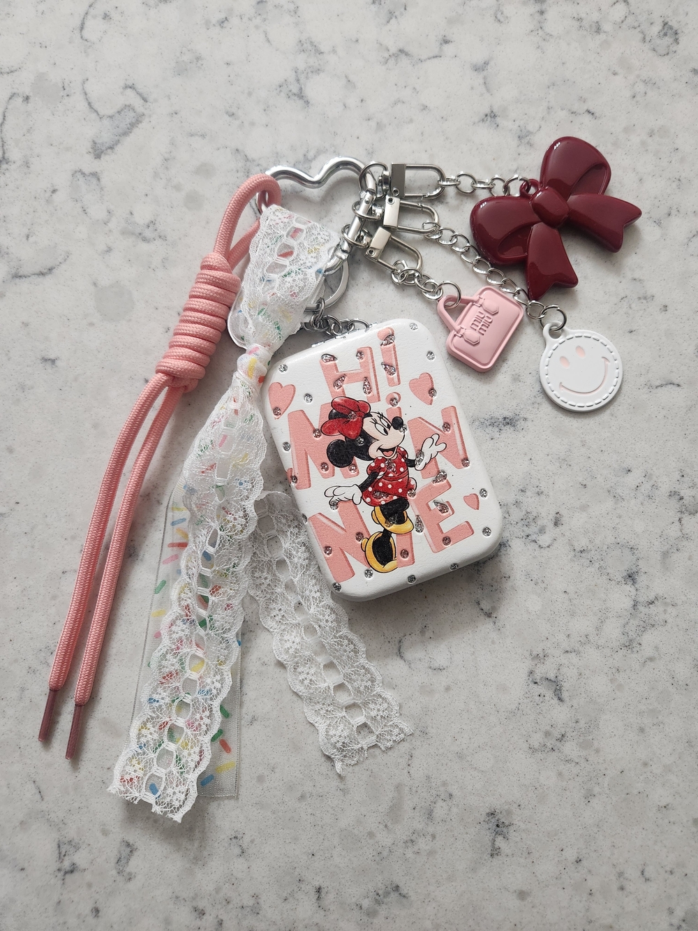 Minnie Mouse Mirror Pink & White Charm Keychain